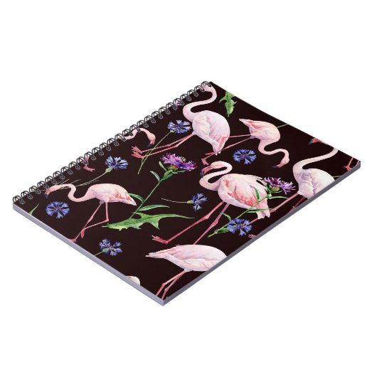水彩フラミンゴとワイルドフラワーパターン。 ノートブック (左側)