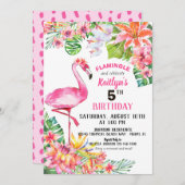 水彩フラミンゴと熱帯フローラ誕生日 招待状 (正面/裏面)