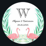 水彩フラミンゴス葉パームズ結婚モノグラム ラウンドシール<br><div class="desc">ラウンド結婚のステッカーは、封筒用シールとして完璧で、水色のフラミンゴとパーム葉の。すぐに共有できるイニシャル、名前、日付でパーソナライズ結婚する。</div>