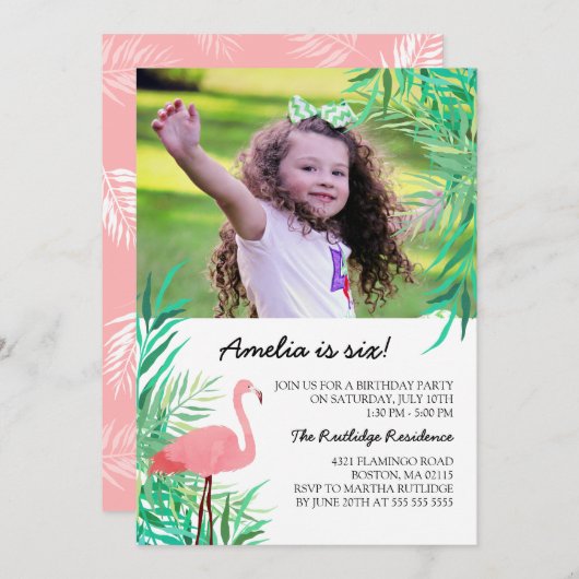 水彩フラミンゴ写真誕生日パーティー 招待状 (正面/裏面)