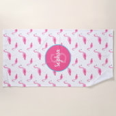 水彩フラミンゴ模様モパーソナライズされたノグラム ビーチタオル (正面)