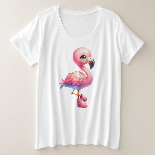 水彩フラミンゴ漫画クリップアート プラスサイズTシャツ (デザイン正面)