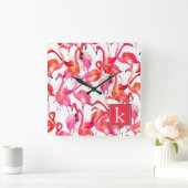 水彩フラミンゴ |名前の追加 スクエア壁時計 (ホーム)