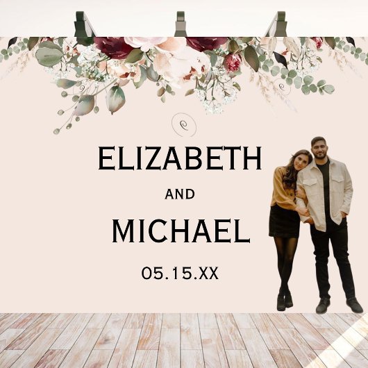 水彩フラワーとバーガンディのブロッサム ウェディング タペストリー