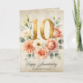 水彩フラワーのゴールド10周年記念結婚式 カード (正面)