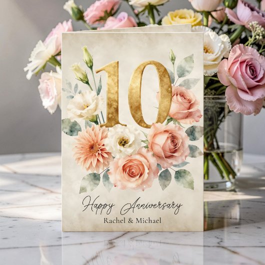 水彩フラワーのゴールド10周年記念結婚式 カード