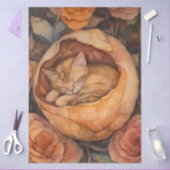 水彩フラワーのバラの花と眠る子猫 薄葉紙 (クラフト)
