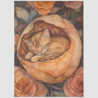 水彩フラワーのバラの花と眠る子猫 薄葉紙