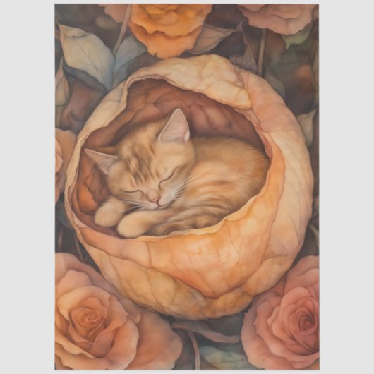 水彩フラワーのバラの花と眠る子猫 薄葉紙 (正面)