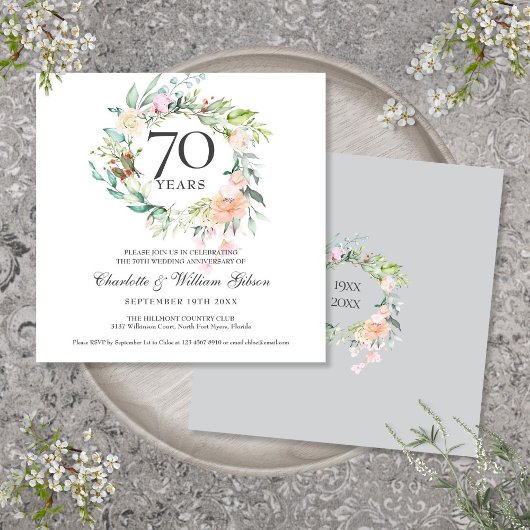水彩フラワーの70周年記念結婚式アニバーサリー 招待状