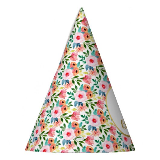 水彩フラワーカスタム文字ハッピーバースデー パーティーハット (左)