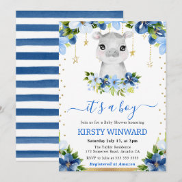 水彩フラワーカバの赤ちゃんシャワー 招待状