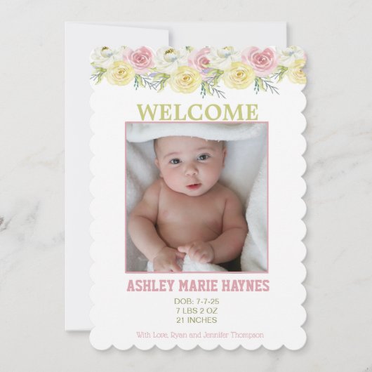 水彩フラワーガールズフォトベビー発表 案内状 (正面)