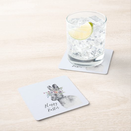 水彩フラワークラウンイースターバニー スクエアペーパーコースター (インサイチュ)