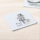 水彩フラワークラウンイースターバニー スクエアペーパーコースター (アングル)