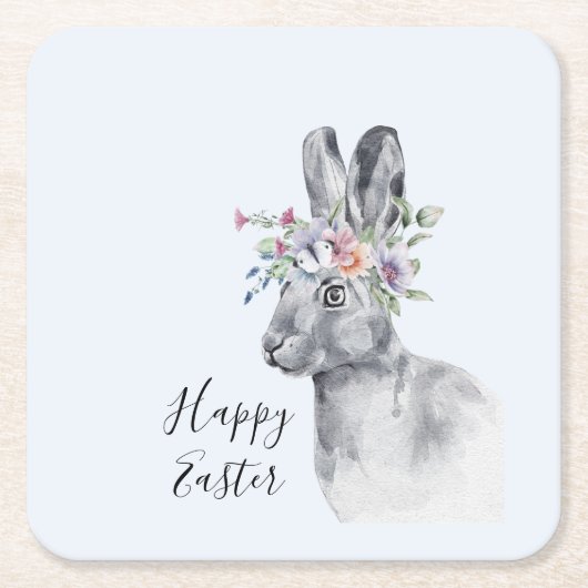 水彩フラワークラウンイースターバニー スクエアペーパーコースター (正面)