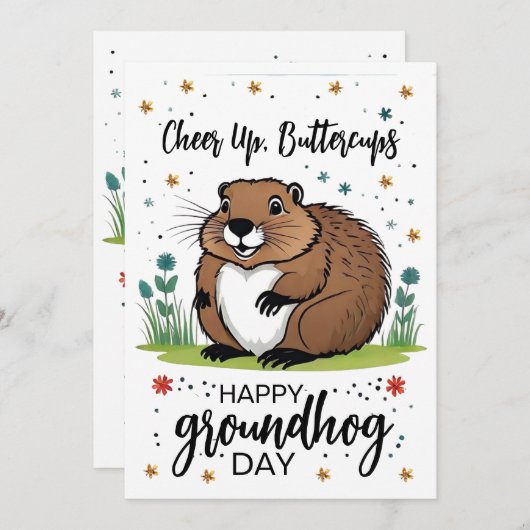 水彩フラワーグラウンドホッグDayかわいいフィル シーズンカード (正面/裏面)