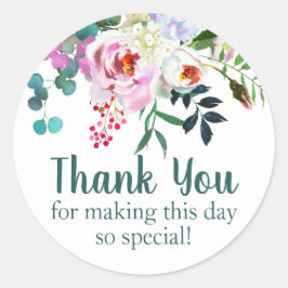 水彩フラワーサンキュー誕生日好意ティール（緑がかった色） ラウンドシール