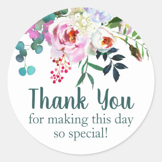 水彩フラワーサンキュー誕生日好意ティール（緑がかった色） ラウンドシール (正面)