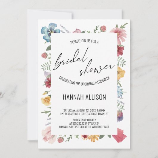 水彩フラワースクリプエレガントトブライダルシャワー 招待状 (正面)