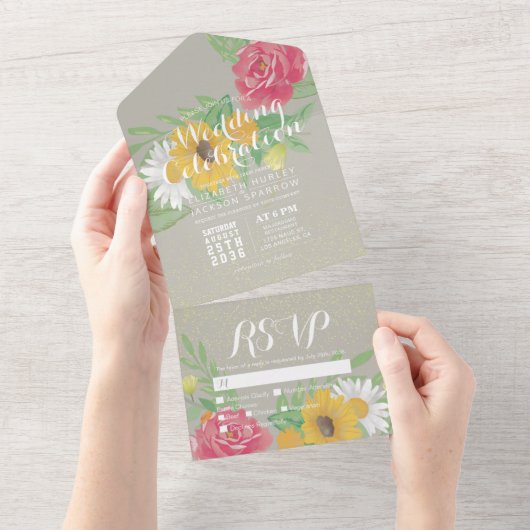 水彩フラワーズグリーン金ゴールドグリッターウェディングRSVP オールインワン招待状 (貼ってはがせる)