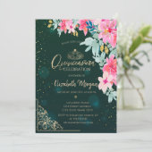 水彩フラワーズグリーン金ゴールドティアラ，キンセアニラ 招待状 (スタンド正面)