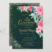 水彩フラワーズグリーン金ゴールドティアラ，キンセアニラ 招待状 (正面/裏面)
