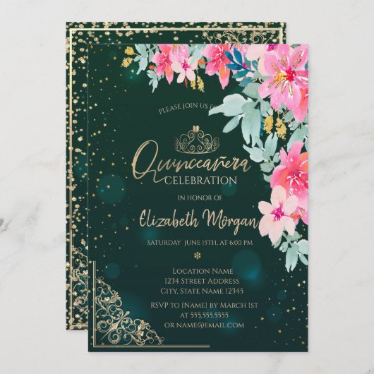 水彩フラワーズグリーン金ゴールドティアラ，キンセアニラ 招待状 (正面/裏面)