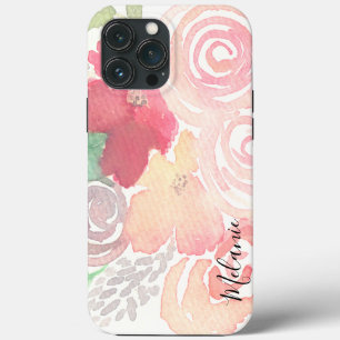 水彩フラワーズグリーン・ピンクスクリプト名札 iPhone 13 PRO MAXケース