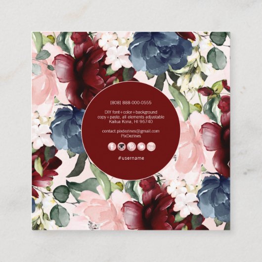 水彩フラワーズダスティブルーブルゴーニュ赤面 スクエア名刺 (裏面)
