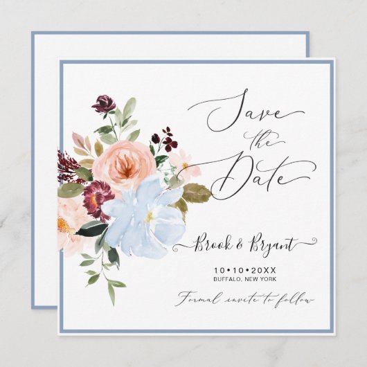 水彩フラワーズダスティブルー赤面保存日 招待状 (正面/裏面)
