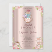 水彩フラワーズティーポットバラ金ゴールドブライダルシャワー 招待状 (正面)