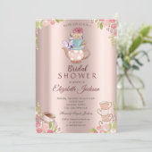 水彩フラワーズティーポットバラ金ゴールドブライダルシャワー 招待状 (スタンド正面)