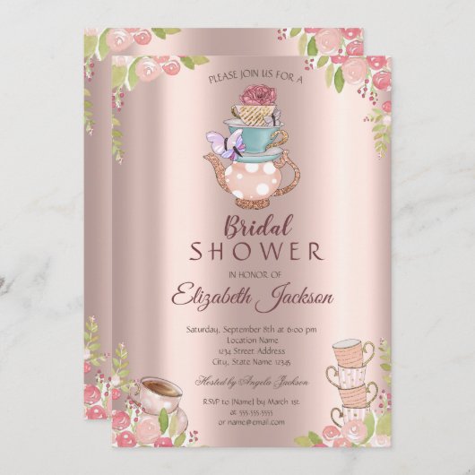 水彩フラワーズティーポットバラ金ゴールドブライダルシャワー 招待状 (正面/裏面)