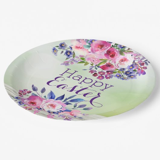 水彩フラワーズハッピーイースター紙プレート ペーパープレート (アングル)