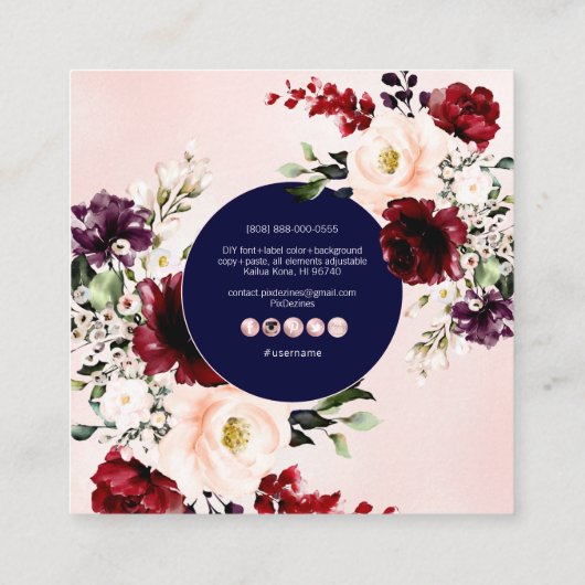 水彩フラワーズバーガンディーメルロ赤面 スクエア名刺 (裏面)