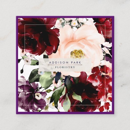 水彩フラワーズバーガンディーメルロ赤面 スクエア名刺 (正面)