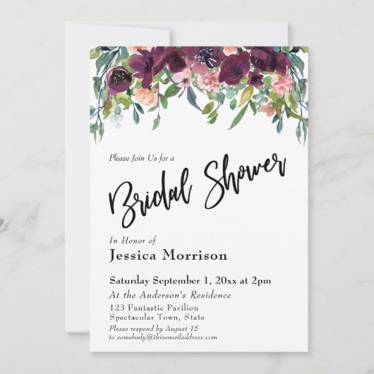 水彩フラワーズブライダルシャワータイポグラフィ 招待状 (正面)