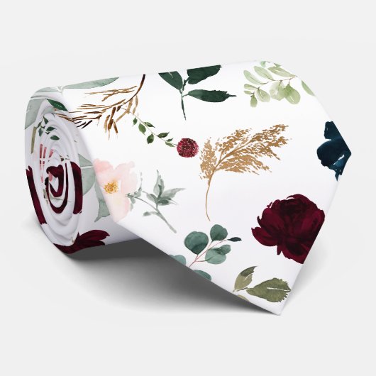 水彩フラワーズブルゴーニュ赤面ネイビーバラ ネクタイ (ロール)