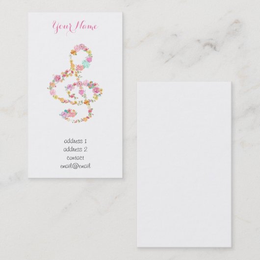 水彩フラワーズミュージックトレブルクレフ、 音符記号 名刺 (正面/裏面)