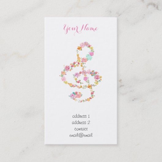 水彩フラワーズミュージックトレブルクレフ、 音符記号 名刺 (正面)