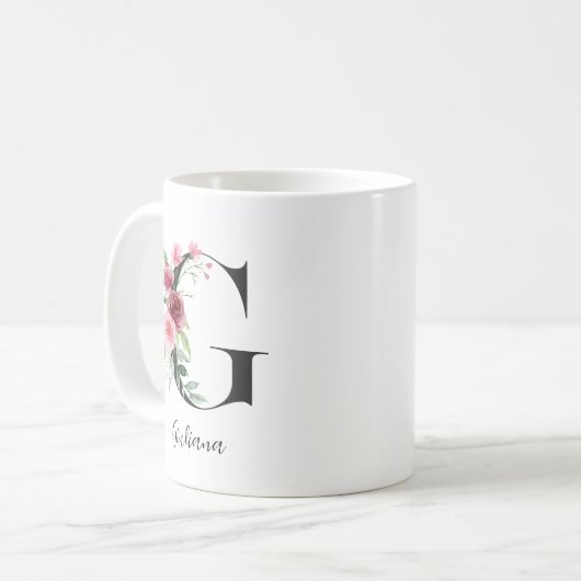 水彩フラワーズモノグラムG名前をカスタムする コーヒーマグカップ (正面左)