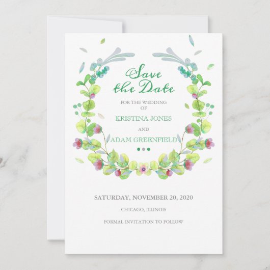 水彩フラワーズリース日付カードの保存 セーブザデート (正面)