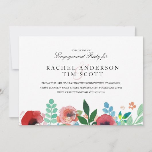 水彩フラワーズ婚約パーティ招待状 招待状 (正面)