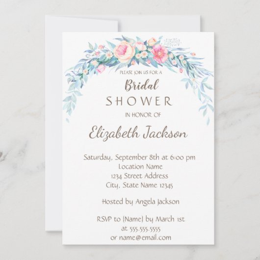 水彩フラワーズ水玉模様ブライダルシャワー 招待状 (正面)