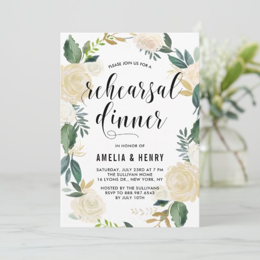 水彩フラワーズ金ゴールドグリッターリハーサルディナー 招待状 (スタンド正面)