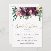 水彩フラワーズ&金ゴールドグリッターブライダルシャワー インビテーションポストカード (正面/裏面)
