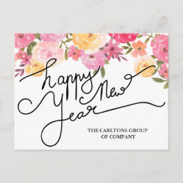 水彩フラワーハッピーニューイヤータイポグラフィ シーズンポストカード