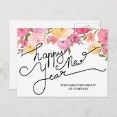 水彩フラワーハッピーニューイヤータイポグラフィ シーズンポストカード (正面/裏面)