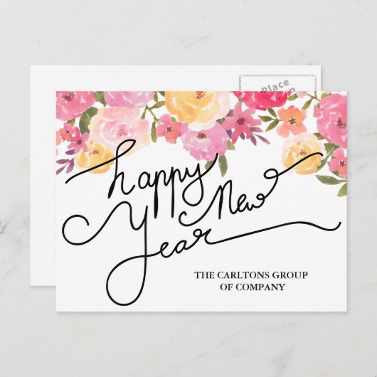 水彩フラワーハッピーニューイヤータイポグラフィ シーズンポストカード (正面/裏面)